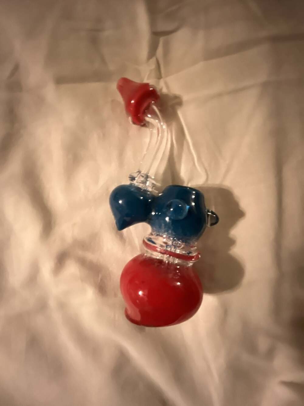 Red and Blue Glass Bubbler Piece with Curved Neck